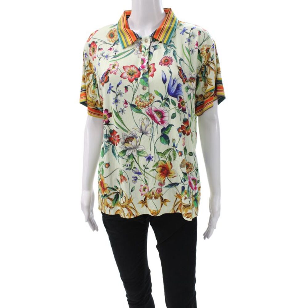 Johnny Was Womens Floral Collared Polo Short Sleeve Multi-Color Size M